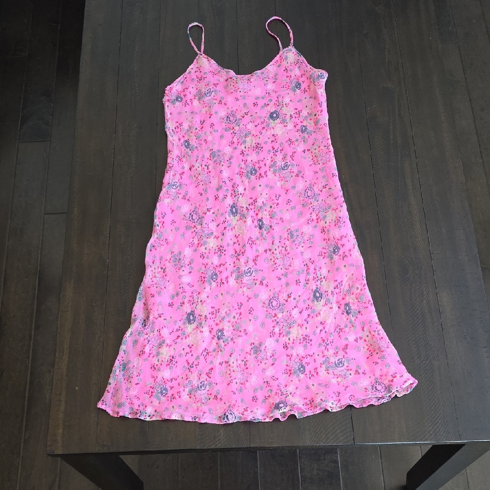 VTG 100% Silk Y2K Floral Pink Slip Dress Spaghetti Strap Crinkled EU46 (US L)